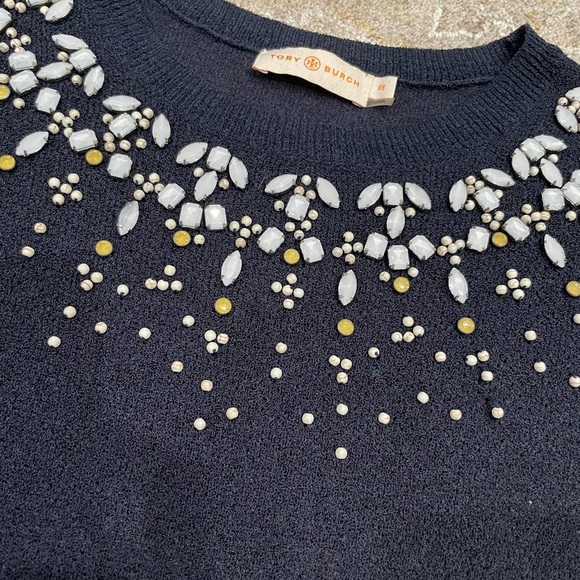 Tory Burch Pierce Short Sleeve Sweater Navy Blue Embellished Gems Beads Size XS - Picture 3 of 6